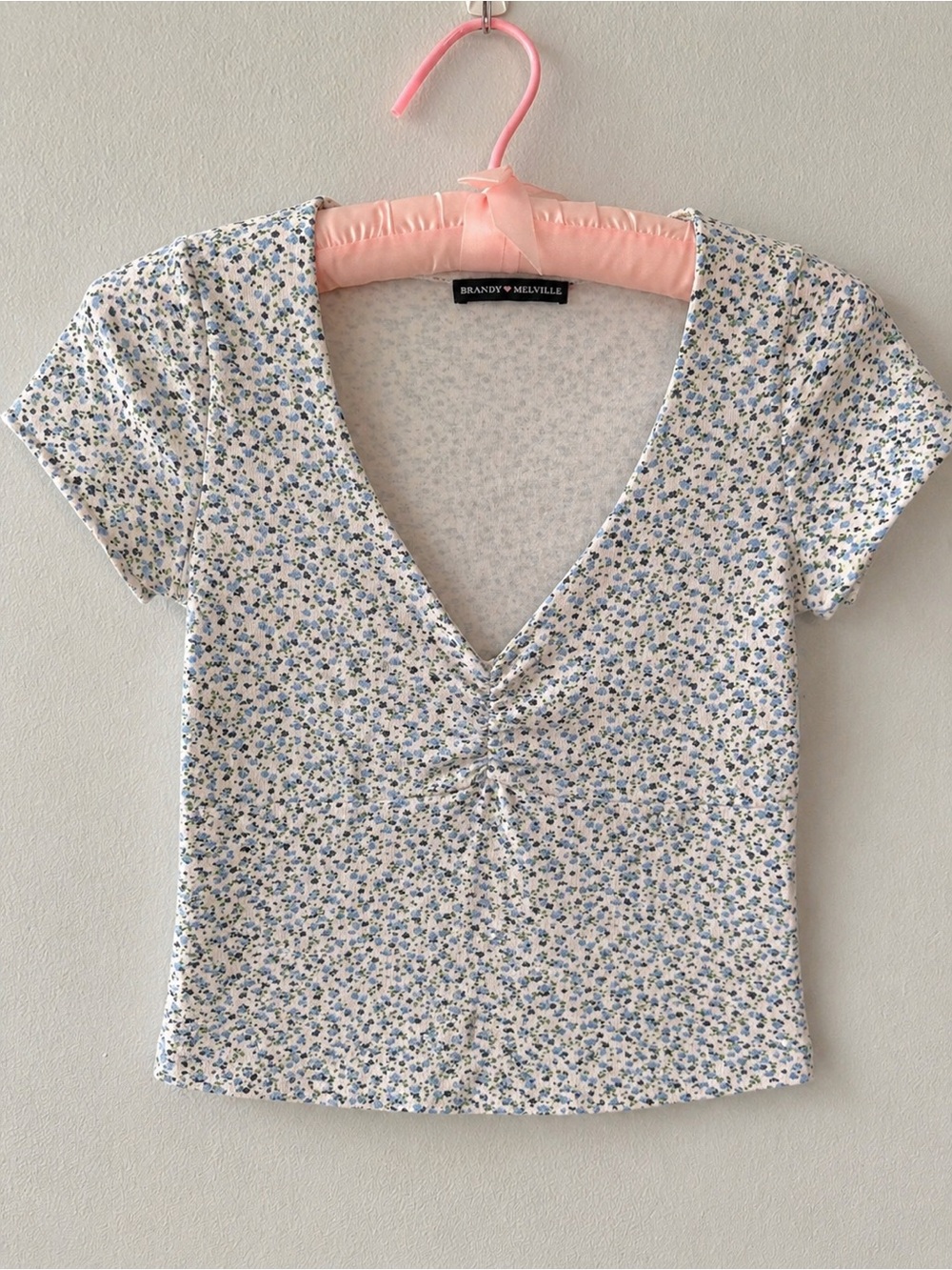 Brandy Melville Floral Ruched V Neck Baby Tee Ditsy Soft Girl OS